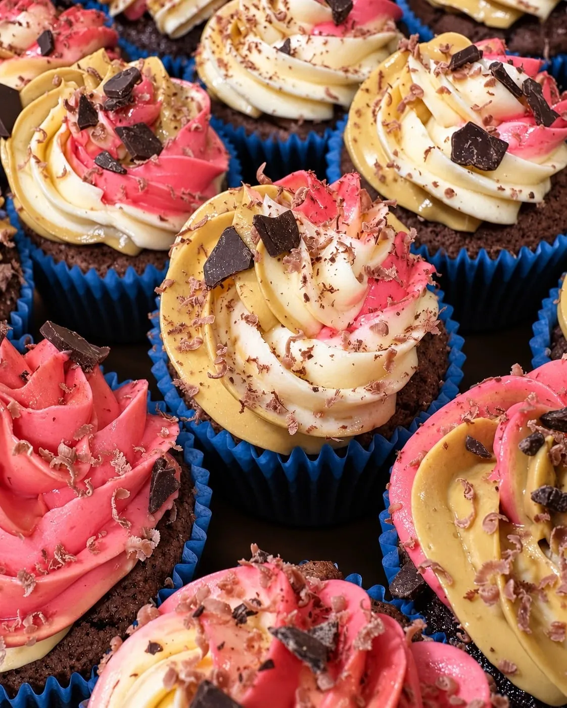 Schoko-Cupcakes mit Buttercreme in Rosa, Vanille und Karamell, bestreut mit Schokolade